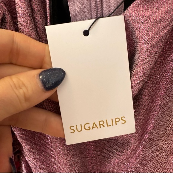 VICI- SUGARLIPS OFF SHOULDER METALLIC PURPLE RUCHED MINI DRESS SIZE S - Picture 5 of 7